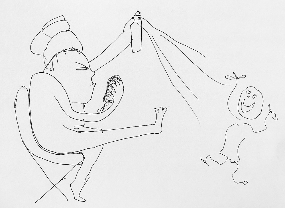 A person sitting in a chair is spraying another with disinfectant and holding a mask in their hand.
