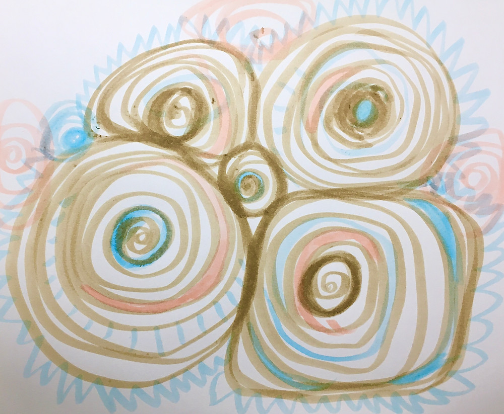 Multiple spiraling circles in brown, pink, and blue that are expanding into each other.