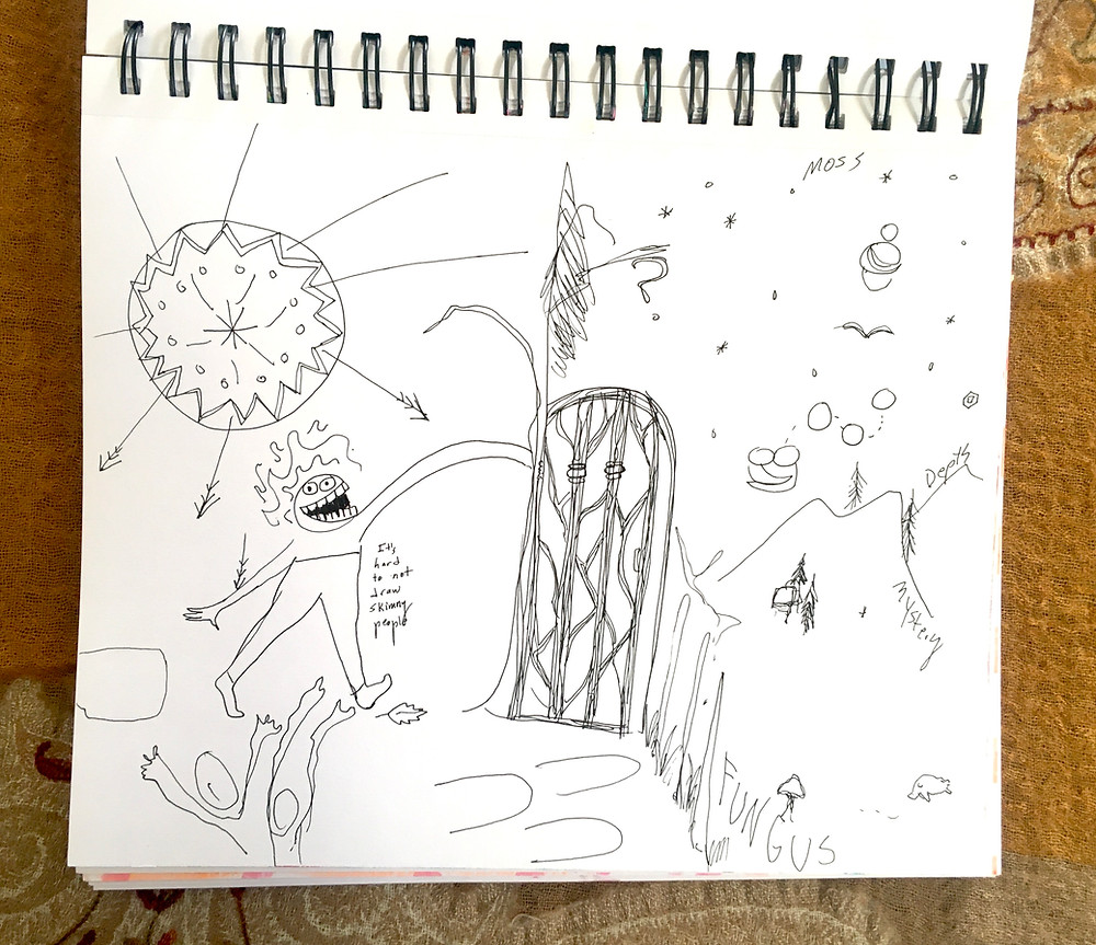 A piece of response art by art therapist Jackie Schuld that shows an illustration of a person reaching toward a gate.