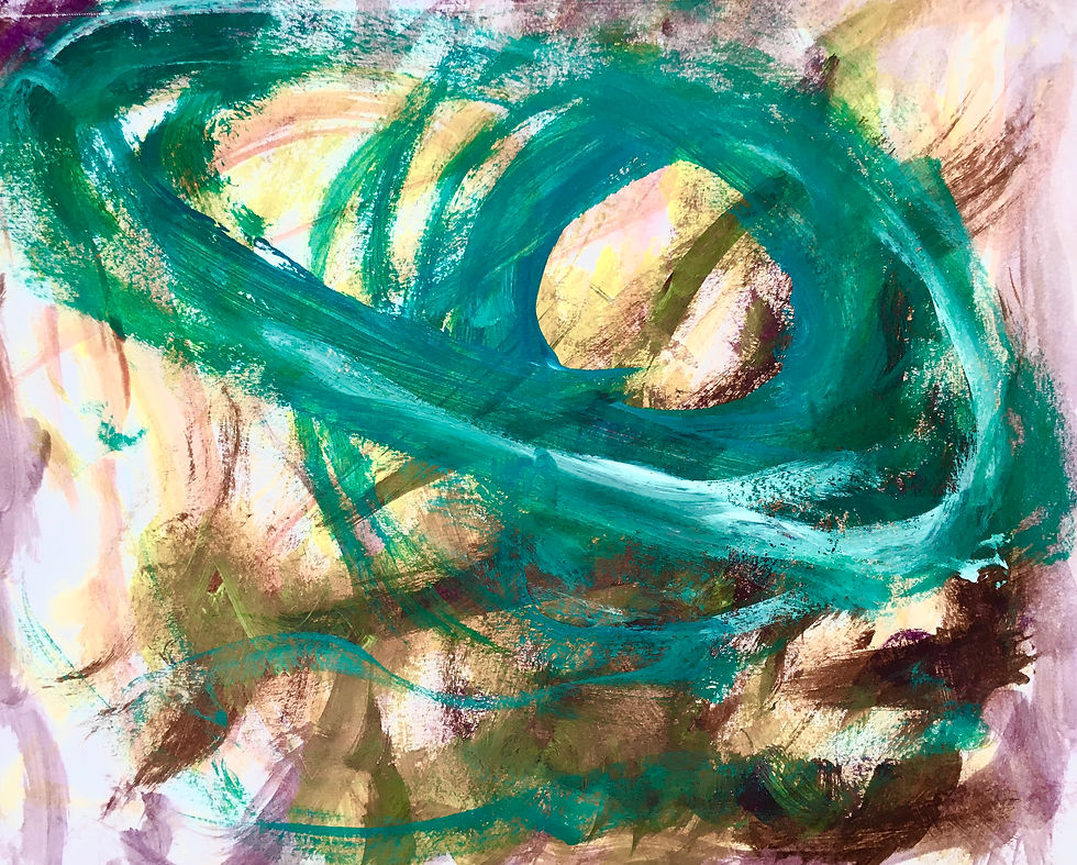 An abstract painting of a teal spiral with lots of chaos around it.