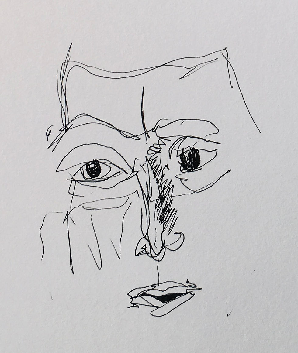 A continuous line drawing of a face that looks distressed. Made by art therapist Jackie Schuld.