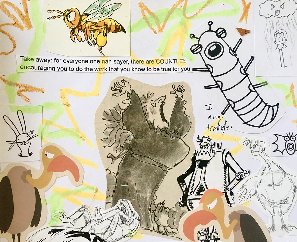 Mixed Media Collage depicting the judgment, policing, and criticism that can occur between therapists. There is a woman screaming in the middle with lots of angry creatures around her. Image created by art therapist Jackie Schuld.