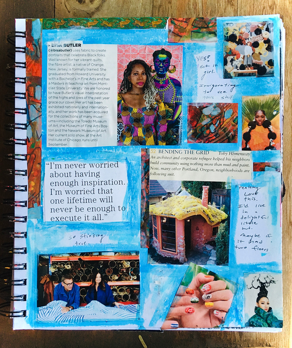 A mix of pictures and quotes and blue paint.