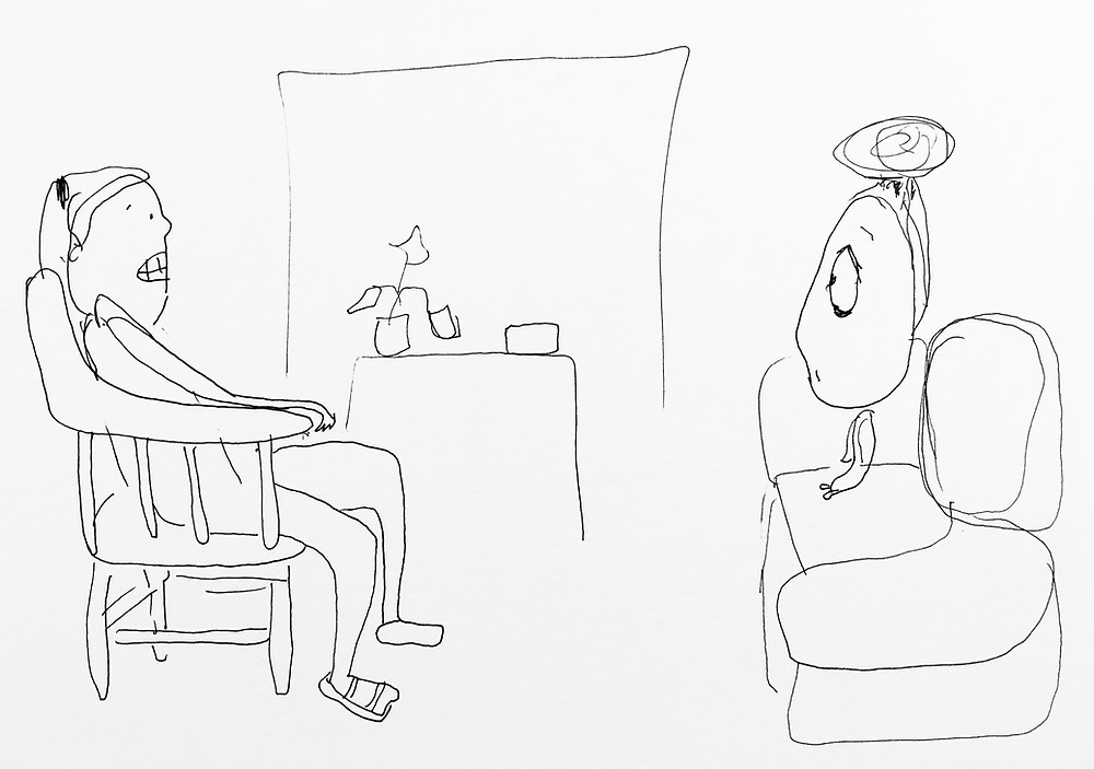 A black and white illustration of a therapist sitting in a chair who has a scared look on her face. she is looking at a client sitting on a couch.