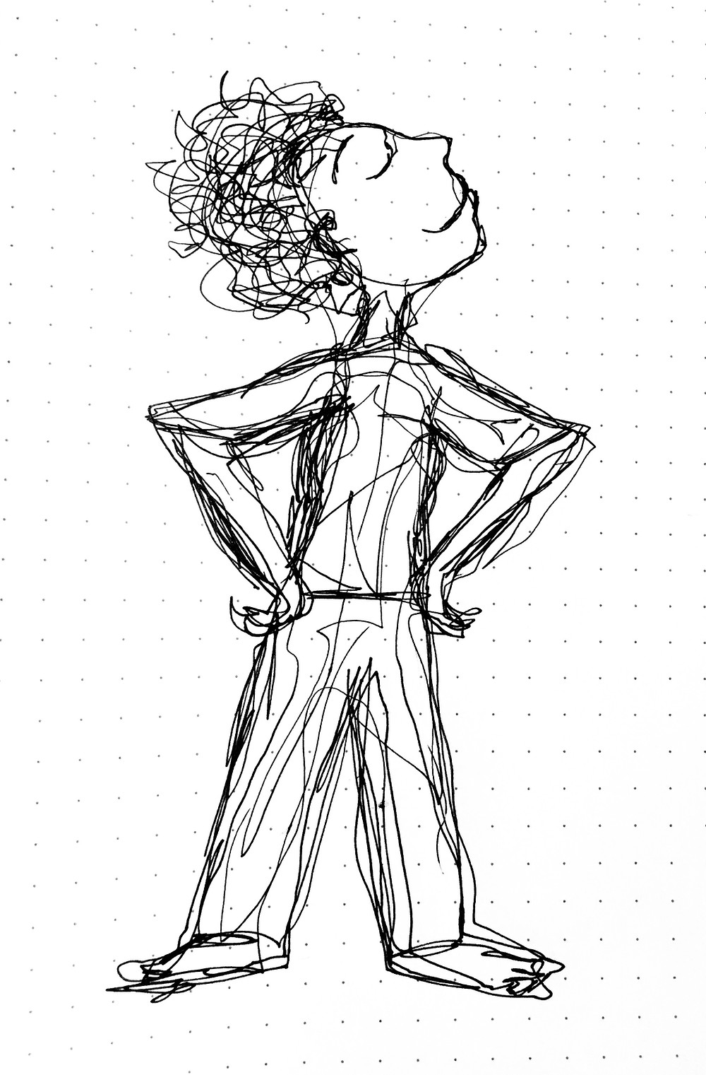 A black and white illustration of a woman standing with her hands on her hips and her head tilted back to signify bravado.