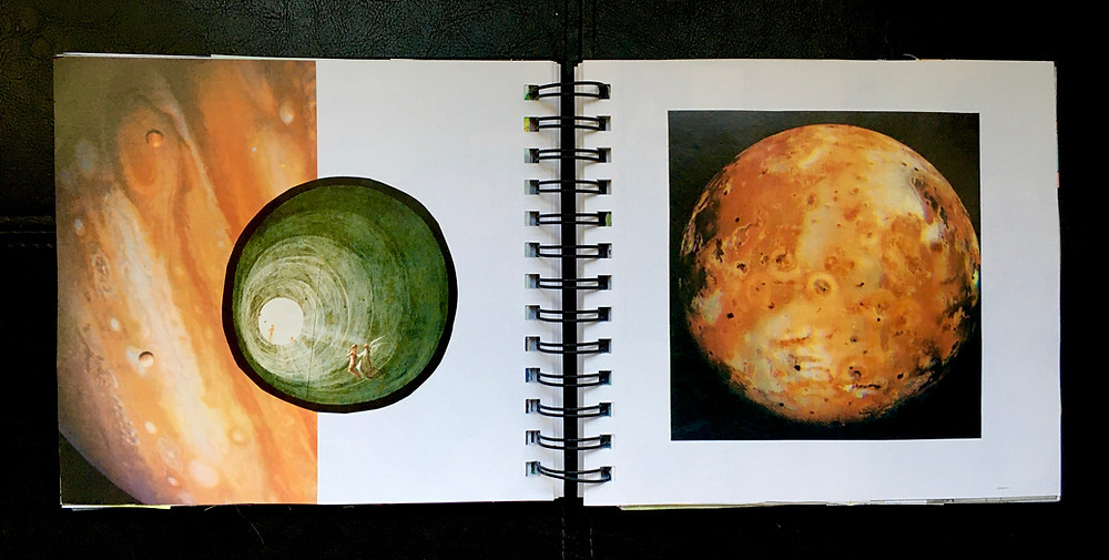 A picture of an art journal that contains three pictures of planets to illustrate the therapeutic relationship