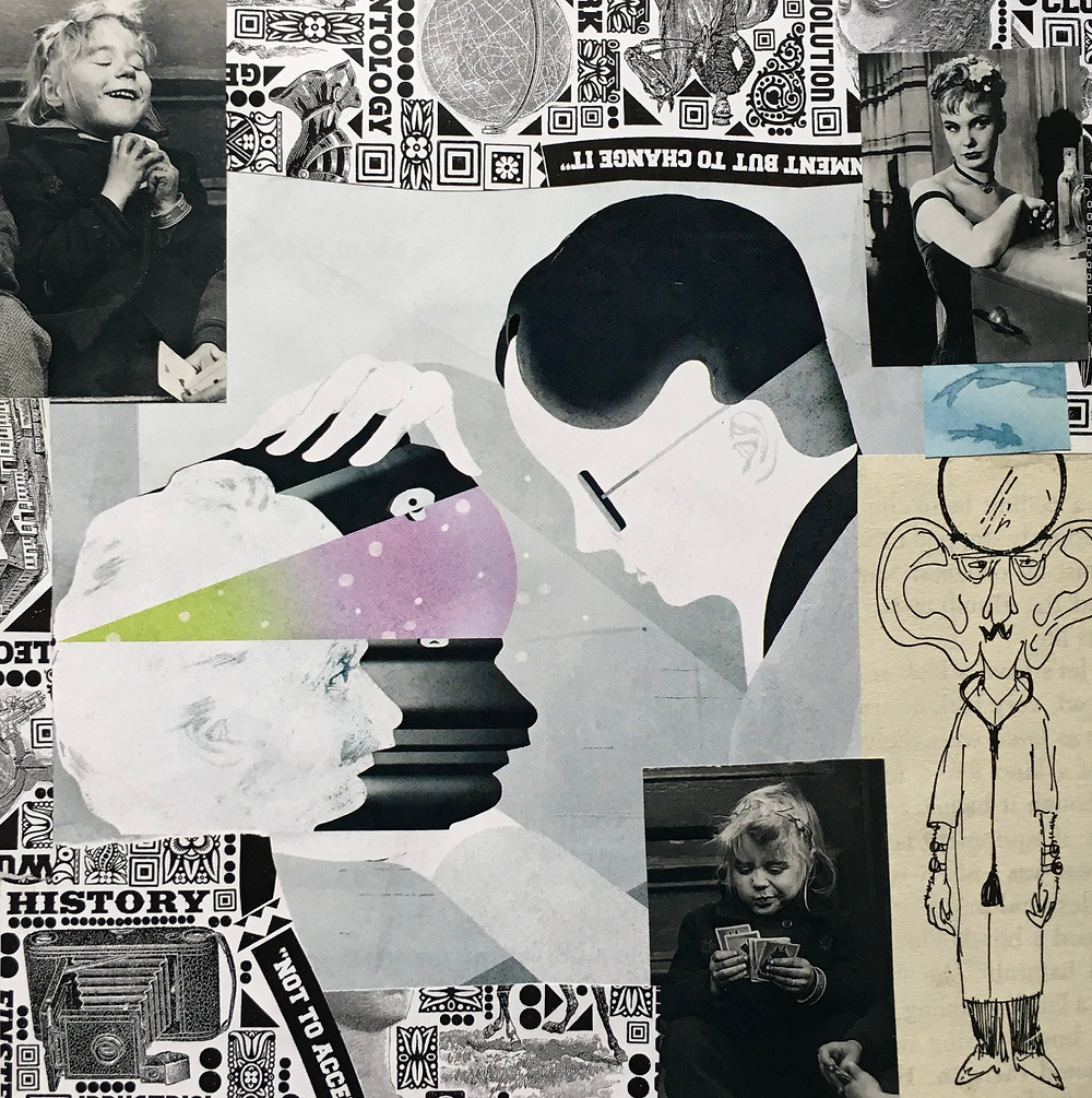 A mixed media collage to illustrate listening that contains multiple pictures of people.