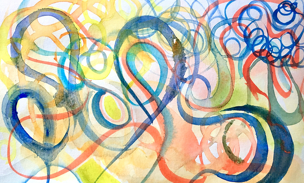 A watercolor painting by of swirling blues and reads that fade into a yellow background. It is depicting the amount of options in creating a private practice schedule.