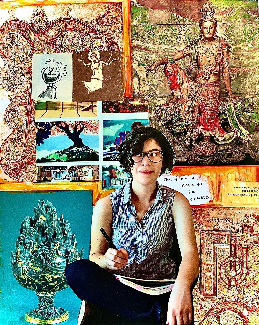Art Therapist Jackie Schuld's mixed media collage contains pictures of art and religious statues outlined in orange paint. Sitting front and center is an artist.