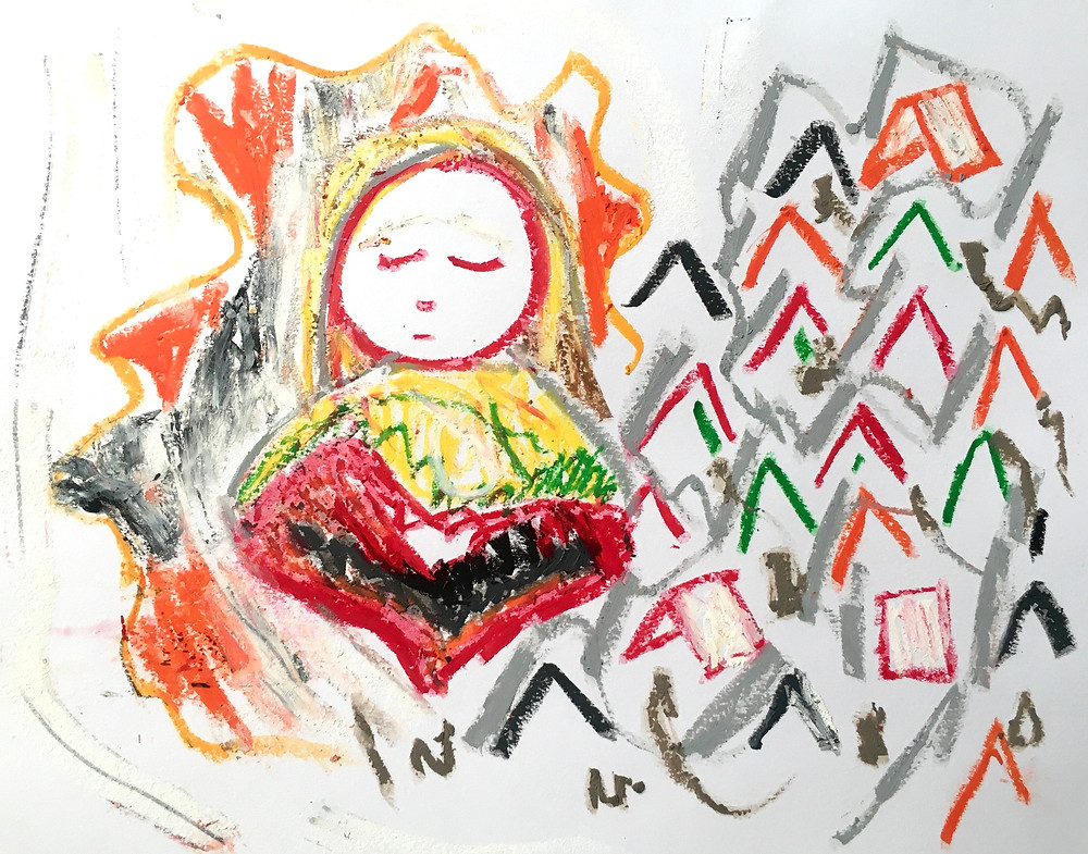 A woman sitting with various shapes and things around her.