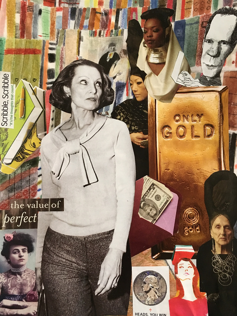 Tucson Art Therapist Jackie Schuld made a mixed media collage that contains multiple people and images of money. Jackie Schuld owns a Tucson Art Therapy Private Practice and her art illustrates how self-pay therapists are often equated with capitalism.