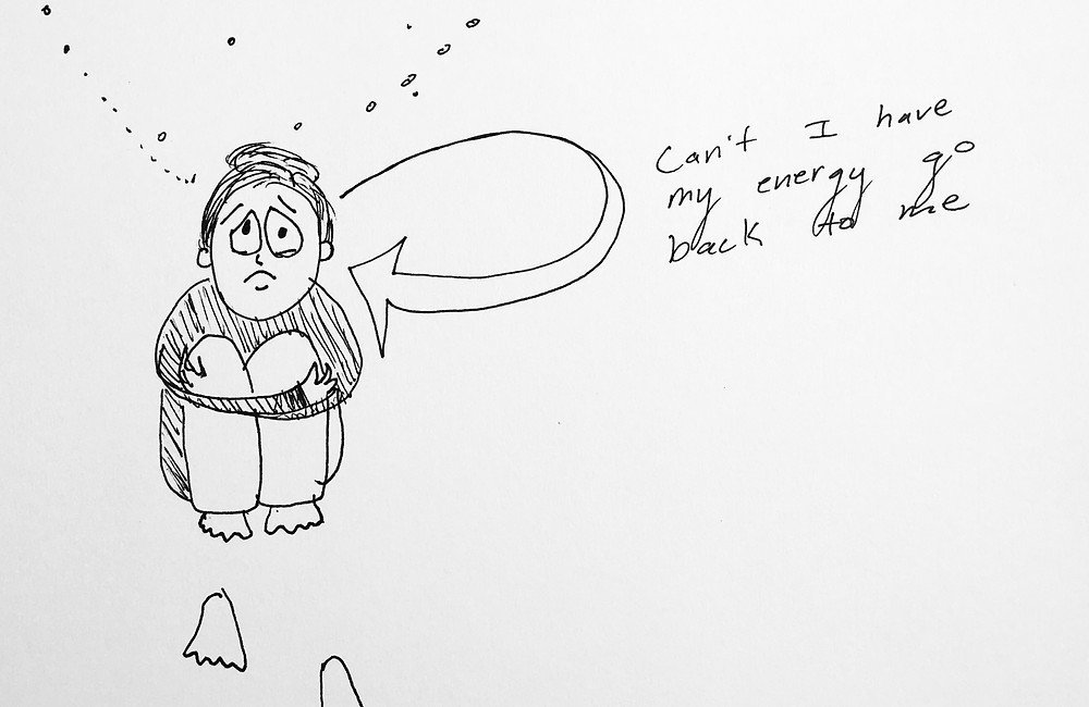 A therapist sits with her arms wrapped around her legs. An arrow points back at her and the words are written "Can't I have my energy go back to me"
