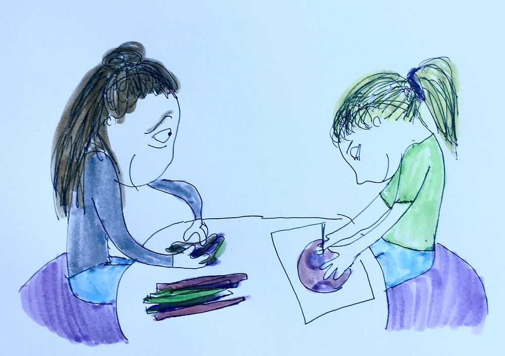 In this illustration, Art Therapist Jackie Schuld is preparing art materials as she shits with her client who is working on a piece of art in the Tucson Art Therapy Studio.