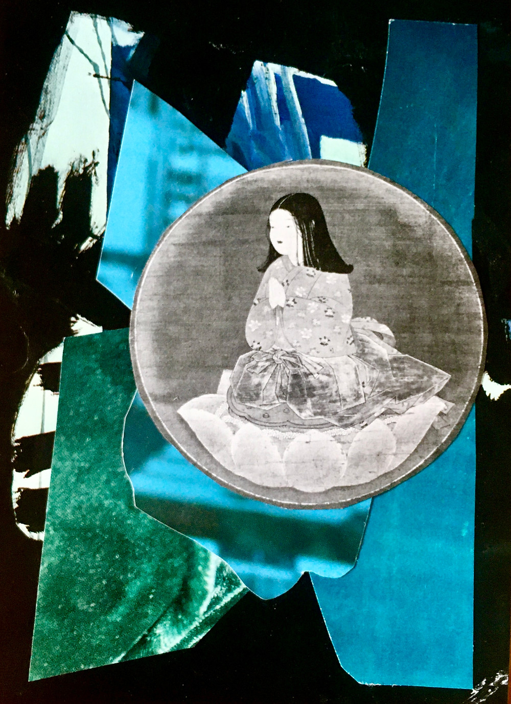 Autistic Art Therapist Jackie Schuld made a mixed media collage of a woman in a bubble on tope of abstract pieces of art. The piece was made in her Tucson Art Therapy studio to depict a different lived experience of autism.