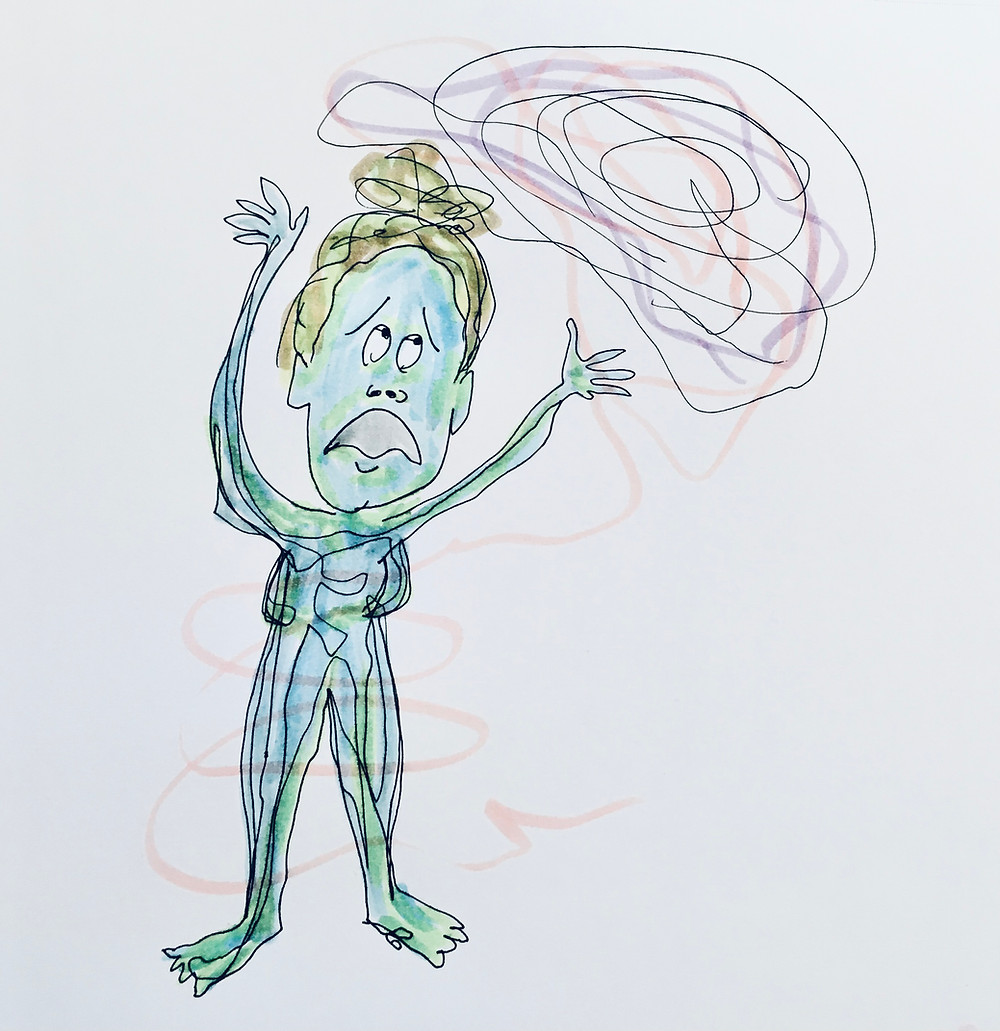 A cartoon character has her hands up in the air in distress while a thought bubble circles around her head.