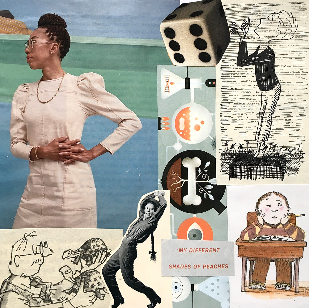 A mixed media collage of pictures of people and a dice to represent being single an self supporting.