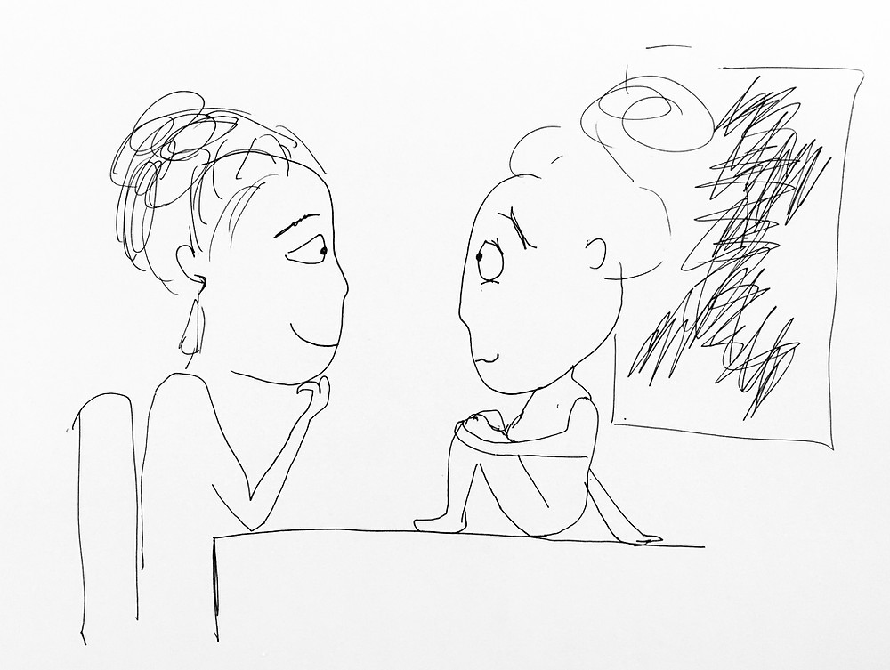 Illustration by Art Therapist and Private Practice Consultant Jackie Schuld of two therapists. This illustration was created to depict why therapists need their own therapists.