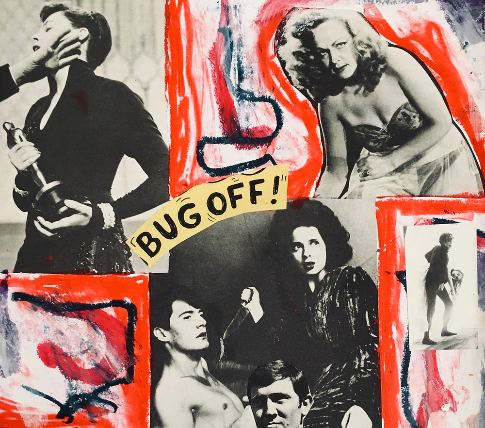 A mixed media collage of four images of women being attacked or super angry. They are surrounded by swirls of red and navy paint.