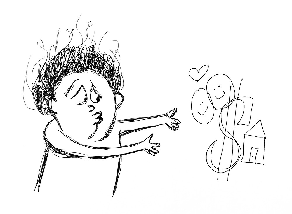 A black and white illustration of a person reaching for things they are envious of, including money, a relationship, and a home