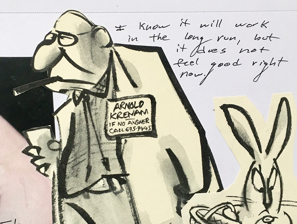 Image is a mixed media collage with an abstract background and two political cartoon characters. One is a bunny looking at its watch. The other is an old man with a cigar in his mouth who looks upset. The words, "I know it will work in the long run, but it does not feel good right now" are written next to him. The collage was created by Art Therapist Jackie Schuld about her experiences as a therapist in her Tucson Art Therapy Studio.