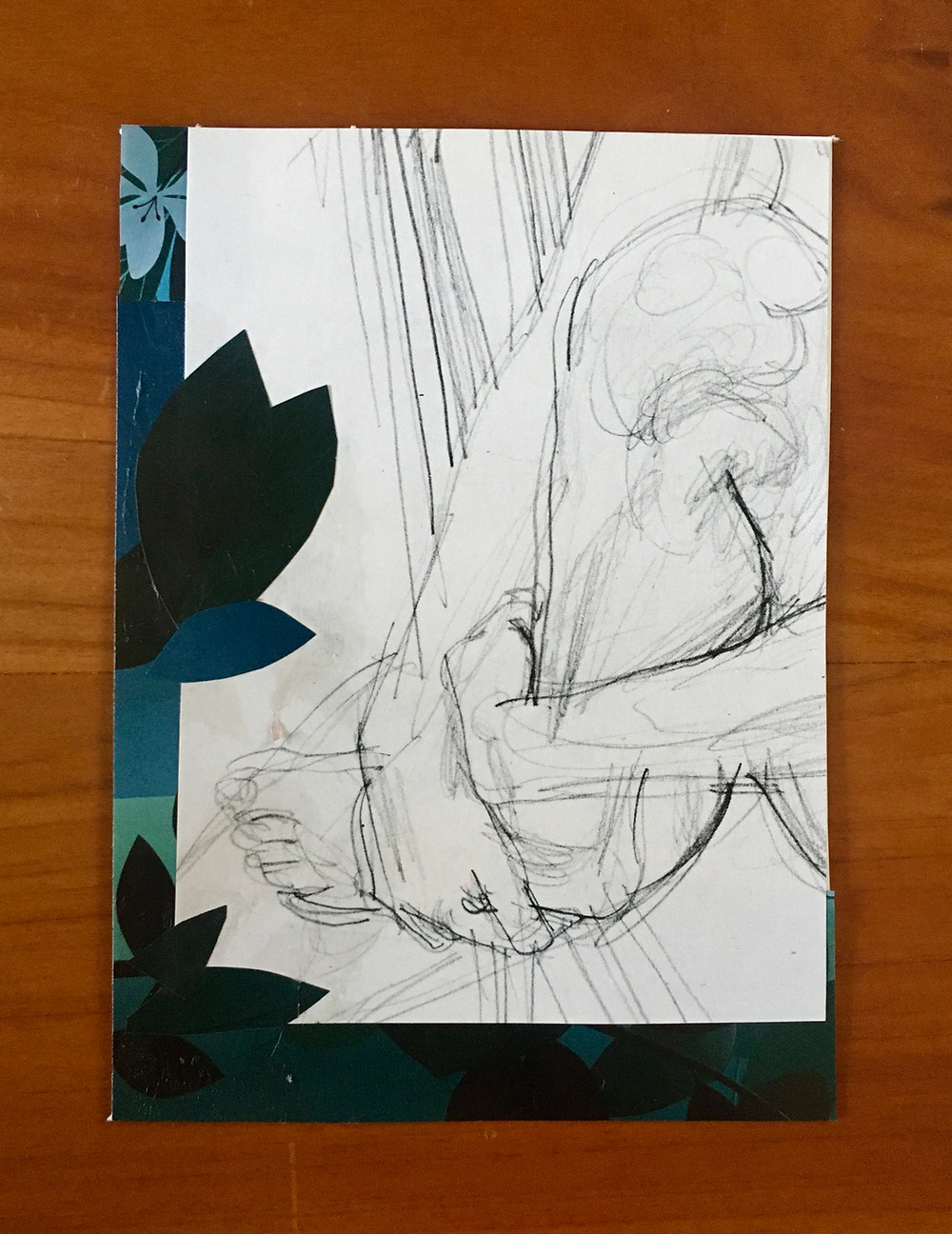 A mixed media collage of a human clutching themselves and leaves overlapping.