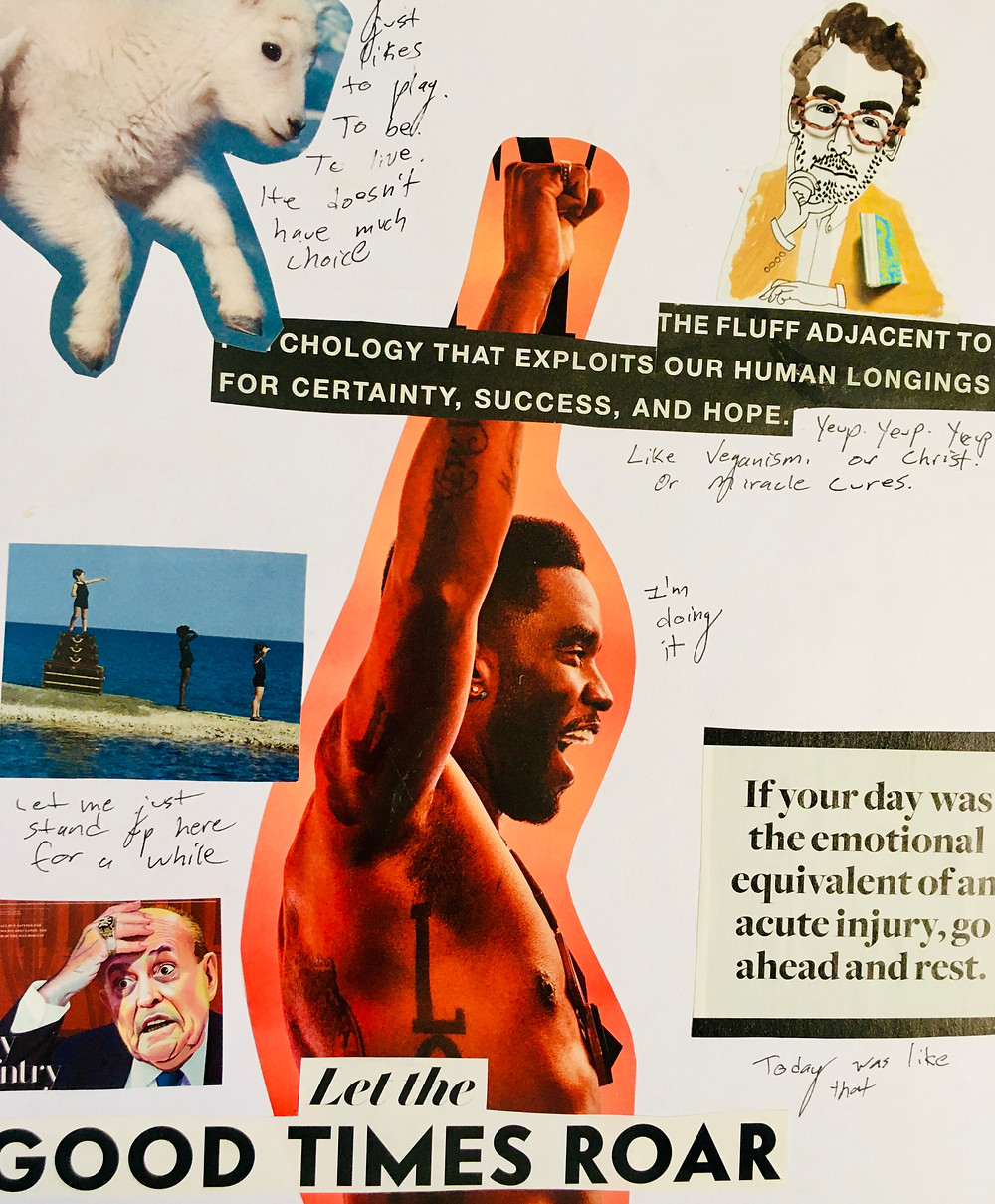 A mixed media collage that has a man with his arms up and screaming with excitement. There are other pictures and writing in the background.