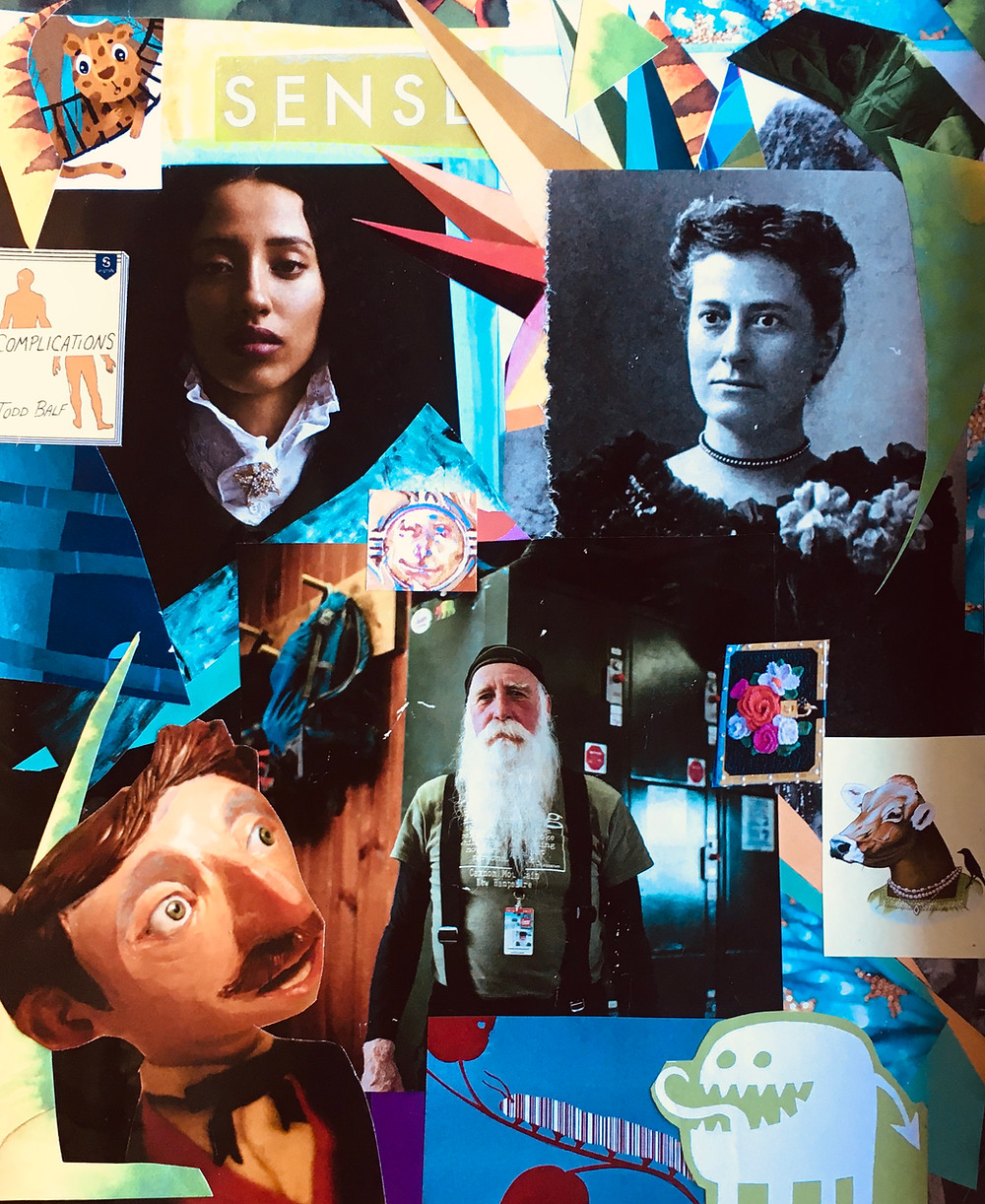 A mixed media collage of pictures of women, men, animals, and monsters.