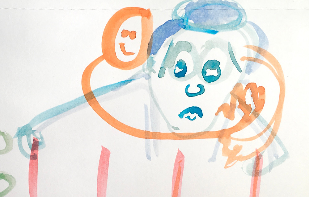 Watercolor illustration of a person looking concerned and reaching for something, while an orange figure embraces them.
