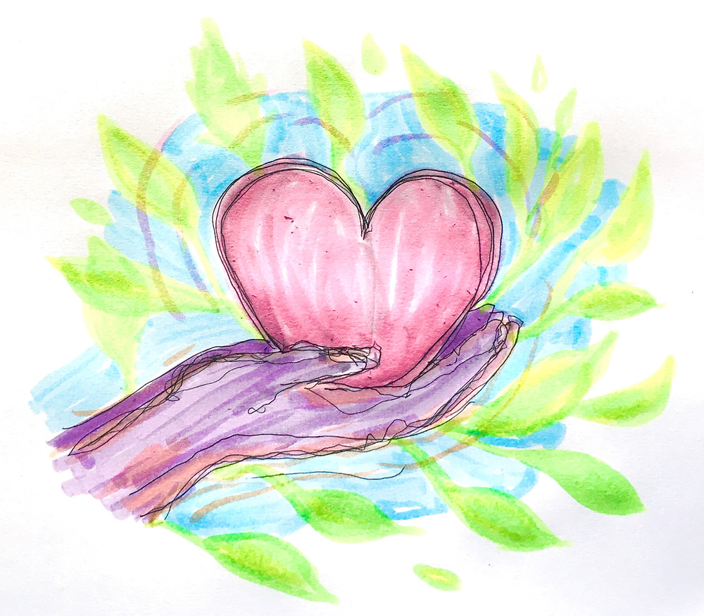 Illustration of purple hands holding a pink heart with green leaves and blue coloring in the background. The illustration depicts gratitude and was created by art therapist Jackie Schuld.