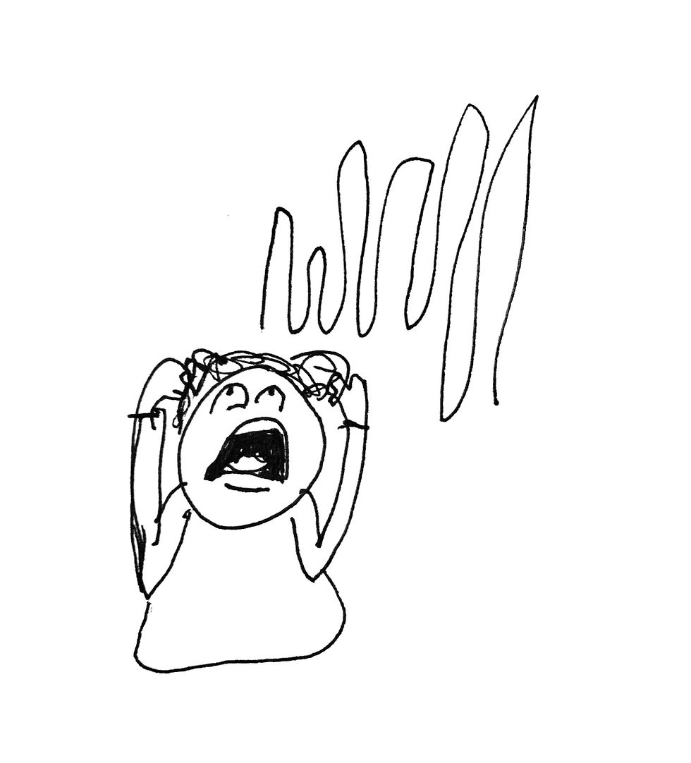 A black and white illustration of a person screaming and squiggle lines above them.