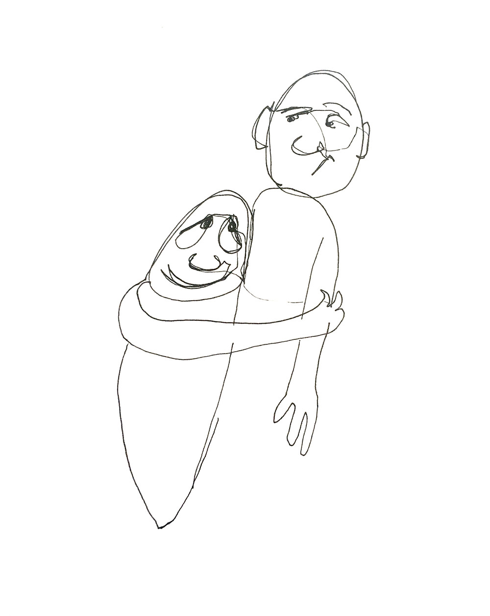 A black and white illustration of a child clinging to their parent who has a disgusted look on their face.