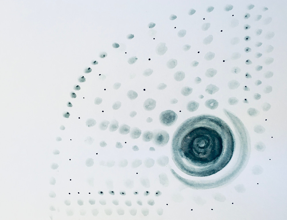 Watercolor image of a grey circle with dots emanating outward