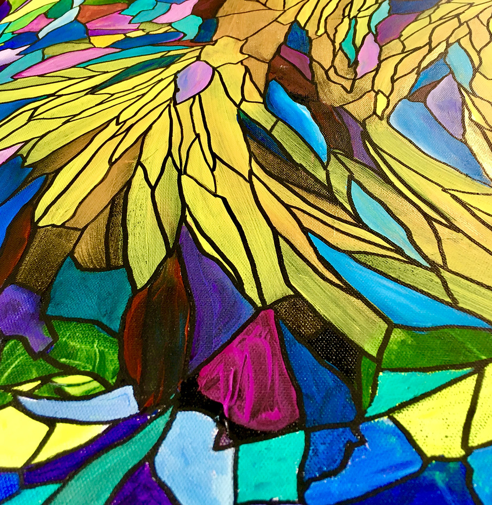 An acrylic painting of stained glass that has yellows contrasted with cool colors.