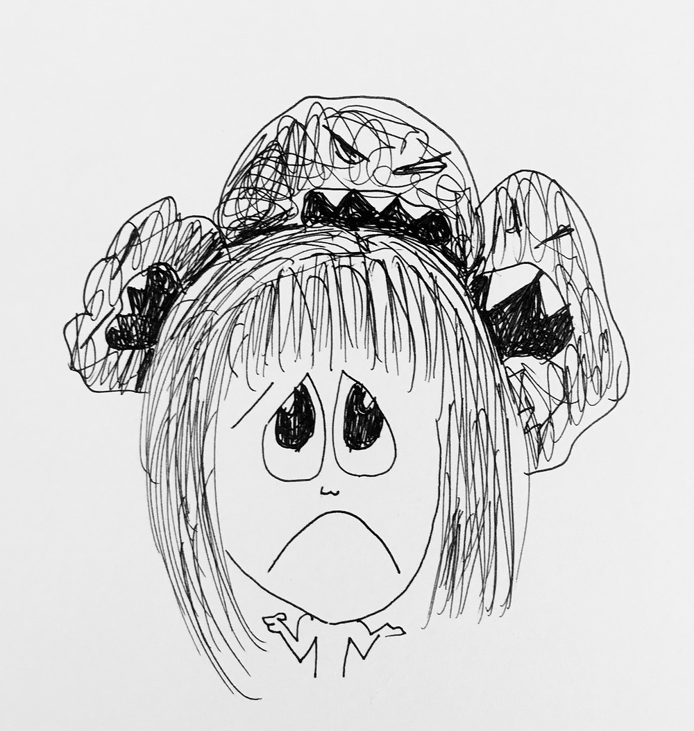 A black and white illustration of a sad-faced woman with three monsters with open mouths behind her. This is symboliizing fear that can take over the mind.