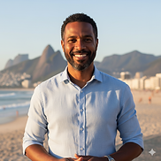 Smiling man on a beach; mountains and city background; a sunny day.