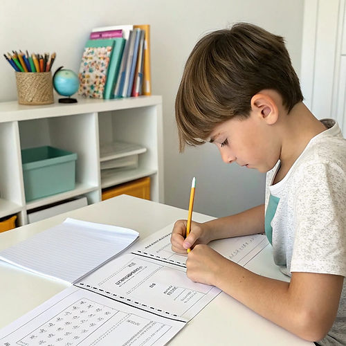 Child focused on math worksheet