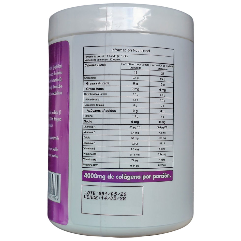 Colageno Hidrolizado Peptidos y Biotina Elite Max en Polvo Sabor Uva 300 g tabla nutricional