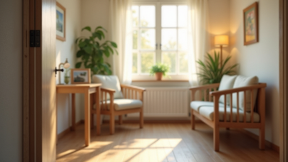 Eye-level view of a cozy living room with a comfortable chair and a small table