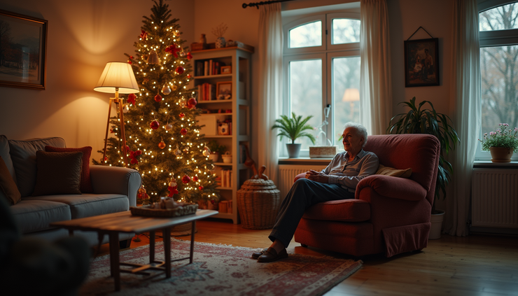 Eye-level view of a cozy living room decorated with holiday lights and a single elderly person sitting comfortably in an armchair