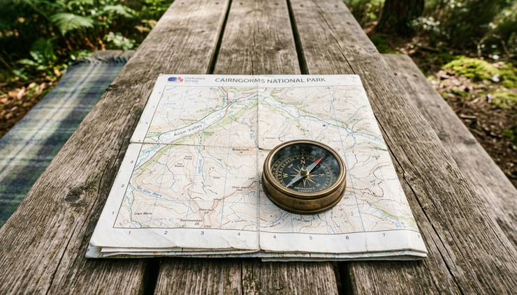 Overhead view of a neatly folded paper map beside a compass on a wooden picnic table.