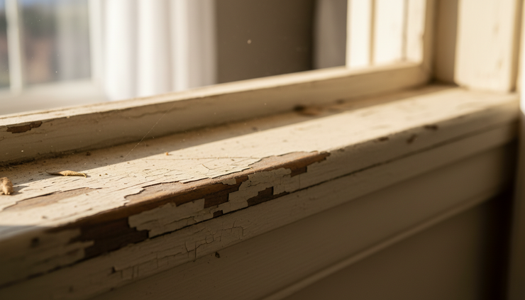 Close-up view of a chipped windowsill in a sunlit room.