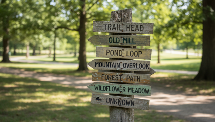 Wooden trailhead sign in a sunny park points to Old Mill, Pond Loop, Mountain Overlook, Forest Path, and Wildflower Meadow.