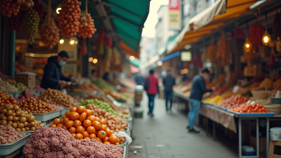 Eye-level view of a bustling market showcasing various goods