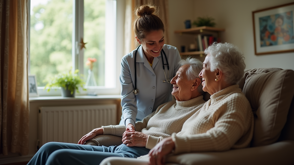 Eye-level view of a cozy living room with a caregiver assisting an elderly person