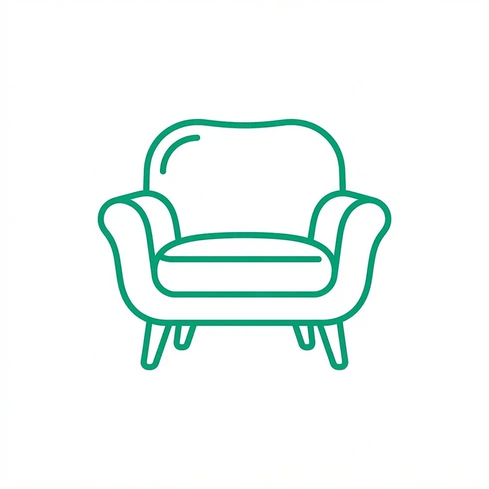 Minimalist vector icon of an armchair. A simple, green line drawing on a white background representing furniture.