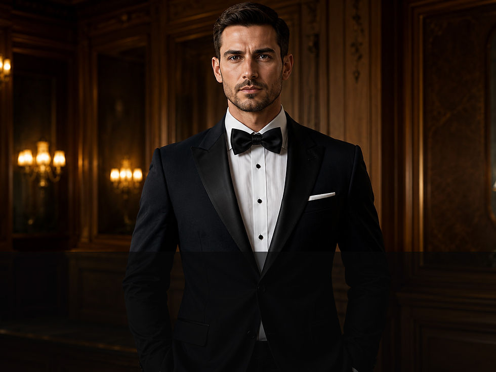 Man in a black tuxedo and bow tie in a wood-paneled room.