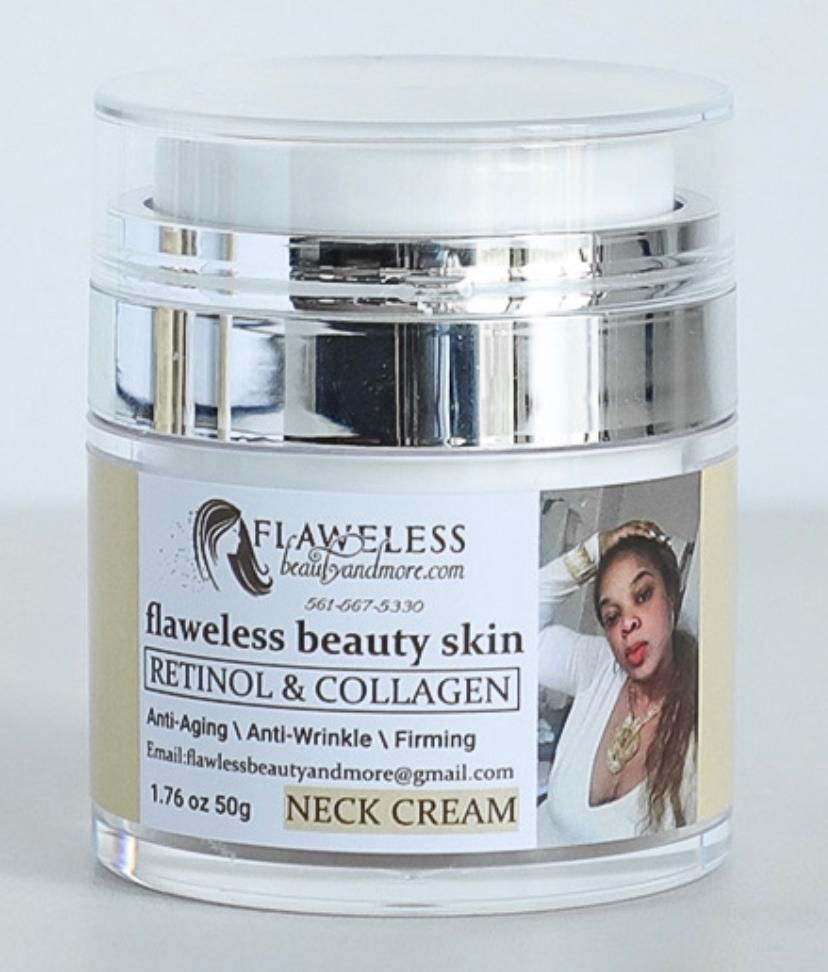 Retinol & Collagen Neck Cream: A 1.76 oz anti-aging product from Flaweless Beauty, designed to reduce wrinkles, firm the skin, and improve the appearance of the neck area.