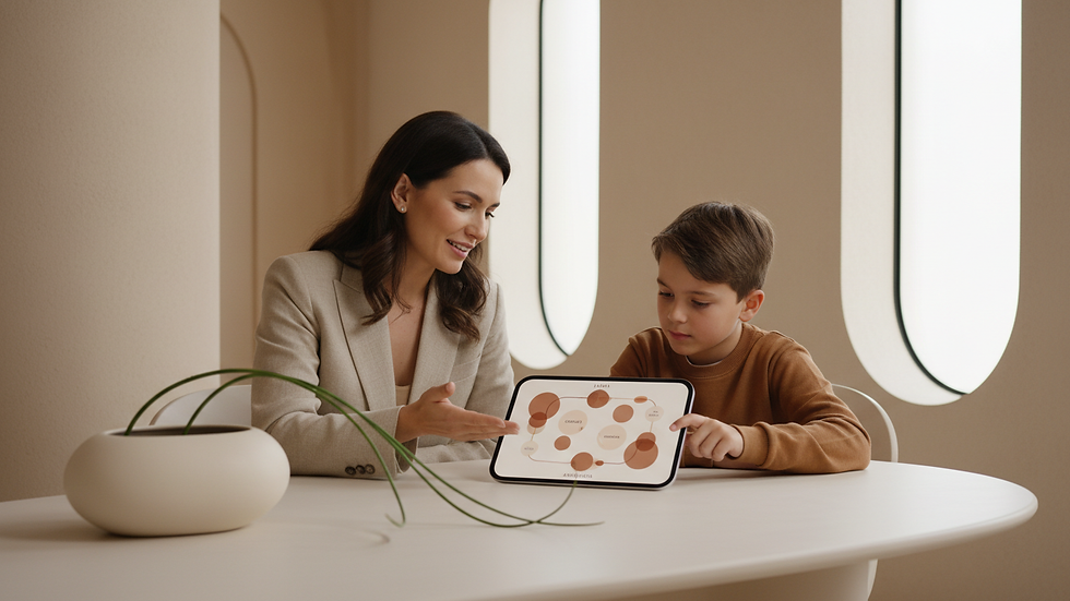 Eye-level view of a mentor explaining a concept to a young student