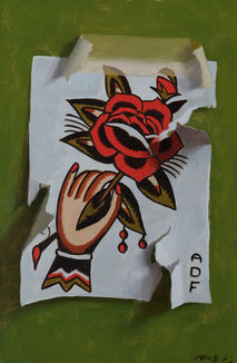 Abstract oil painting of a stylized hand holding a red rose with dark leaves, set against a green background. The flower appears framed by a pale, torn-paper-like shape, with bold outlines and decorative red droplet details.