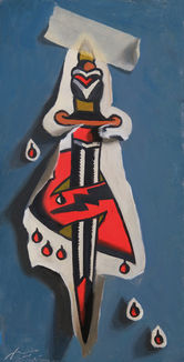 Abstract oil painting of a stylized dagger or ceremonial blade centered on a blue background, featuring bold black, white, and red shapes. Red teardrop-like forms resembling droplets surround the blade, creating a dramatic, symbolic composition.